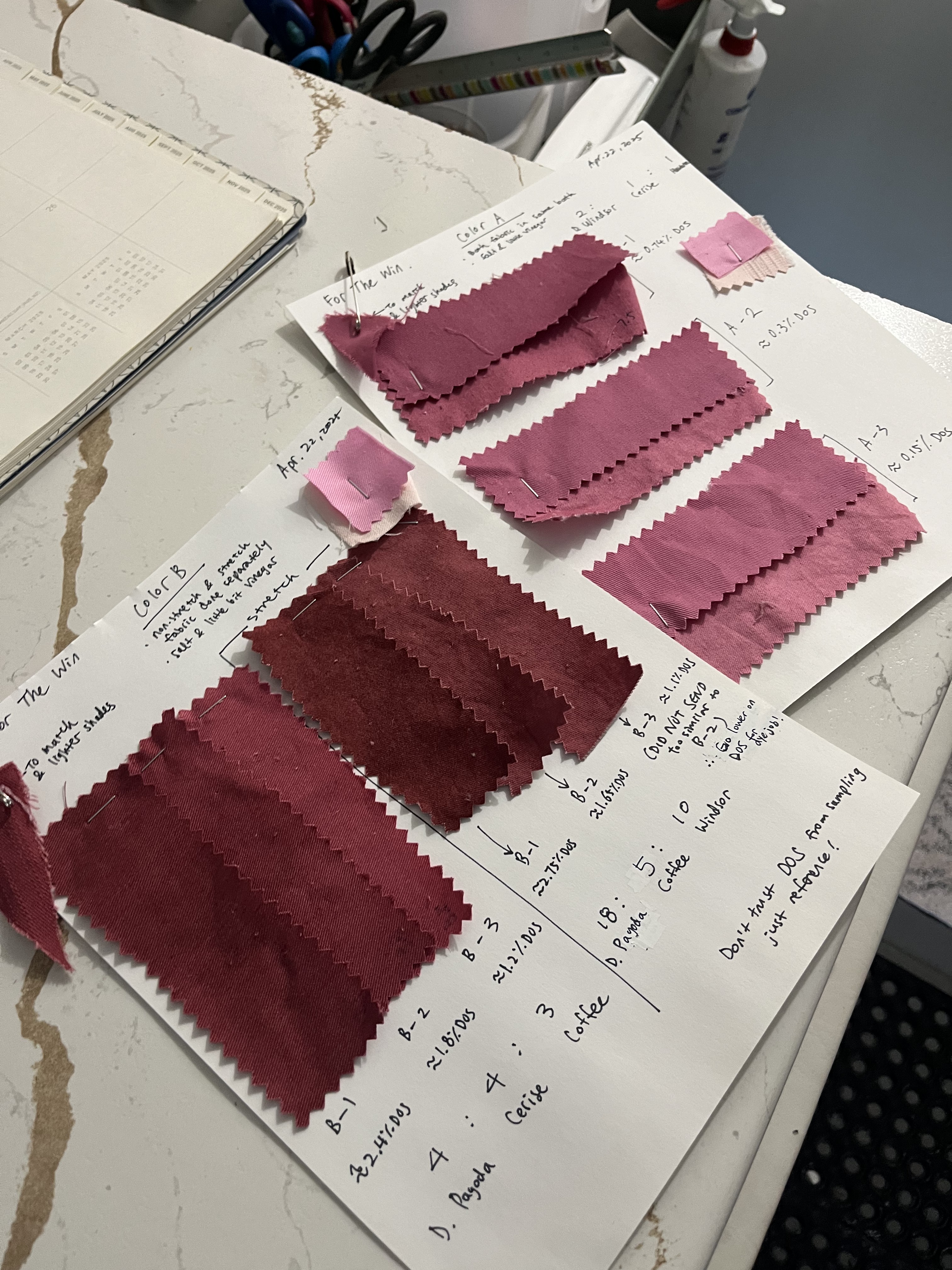 Pink fabric dye swatches